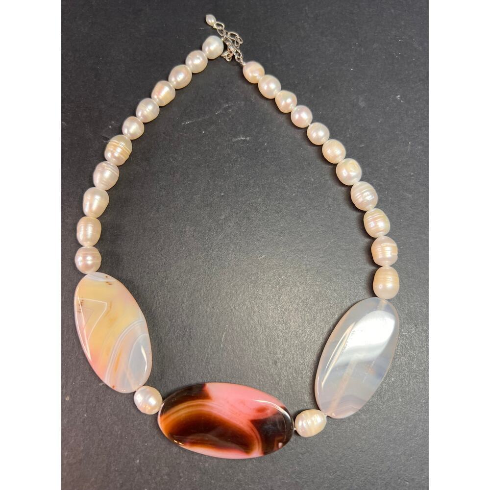 NEW freshwater pearl and agate necklace with sterling silver clasp